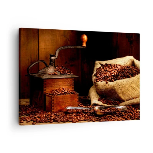 Bild auf Leinwand - Leinwandbild - Eine alte Kaffeemühle mit Bohnen und einer Tasche im rustikalen Stil. - 70x50cm - Stillleben mit Kaffeebohnen und einer Mühle - Moderne Wanddekoration für Wohnzimmer und Schlafzimmer ARTTOR