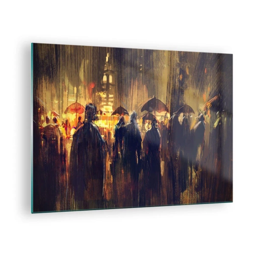 Glasbild - Bild auf glas - Eine Menschenmenge mit Regenschirmen im Regen vor der Kulisse der Lichter der Stadt - 70x50cm - Anhänger des Regens - Moderne Wanddekoration für Wohnzimmer und Schlafzimmer ARTTOR
