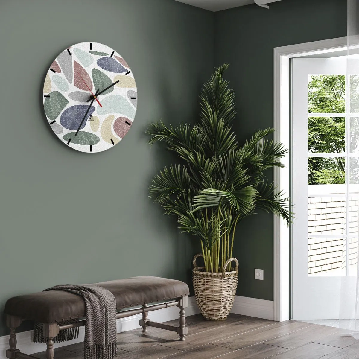 Wanduhr - Glasuhr - Bunte organische Formen auf hellem Hintergrund - 30x30cm - Mosaik aus pulverförmigen Farben - Moderne Wanddekoration für Wohnzimmer, Küche und Schlafzimmer ARTTOR