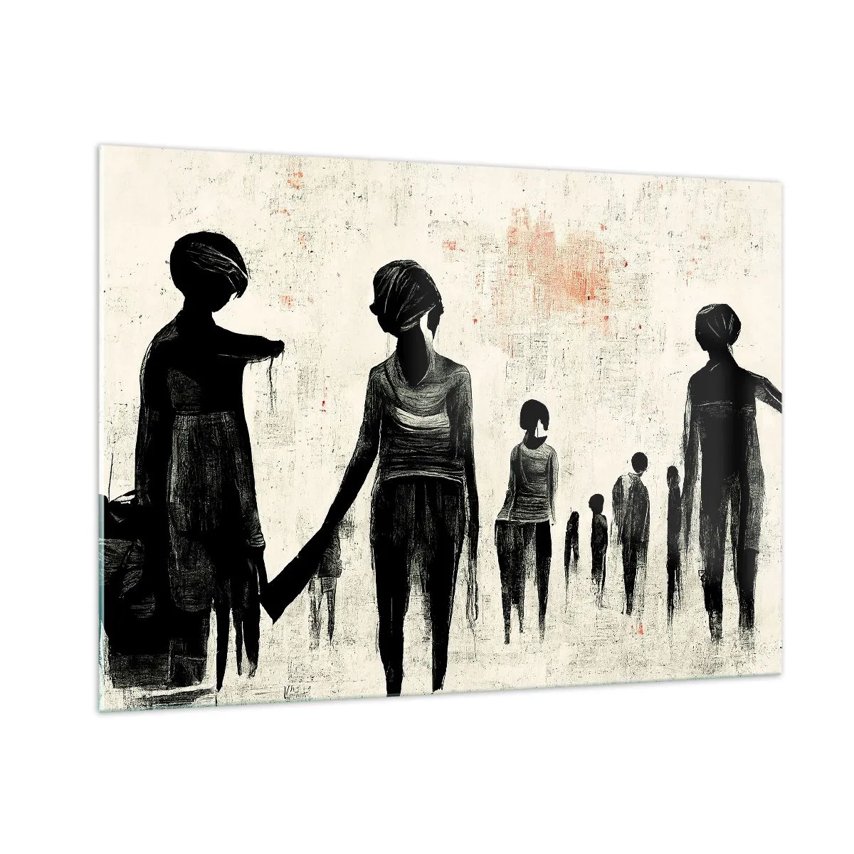 Glasbild - Bild auf glas - Schwarze Figuren in Bewegung auf hellem Hintergrund mit roter Textur - 100x70cm - Gegen die Einsamkeit - Moderne Wanddekoration für Wohnzimmer und Schlafzimmer ARTTOR