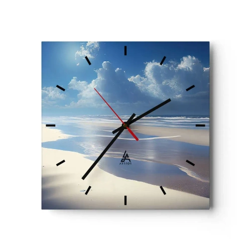 Wanduhr - Glasuhr - Ein Sandstrand mit Wellen unter blauem Himmel - 30x30cm - Paradiesischer Urlaub - Moderne Wanddekoration für Wohnzimmer und Schlafzimmer ARTTOR