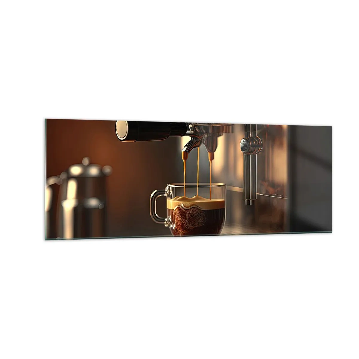 Glasbild - Bild auf glas - Kaffeemaschine mit einer Tasse aromatischem Espresso - 140x50cm - Sinnliche Mischung - Moderne Wanddekoration für Wohnzimmer und Schlafzimmer ARTTOR