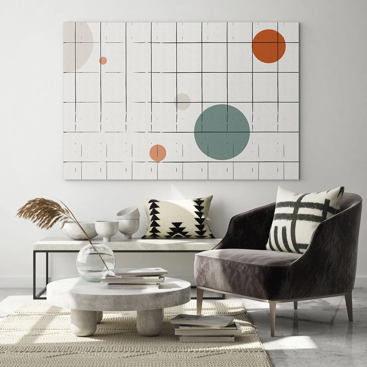 Glasbild - Bild auf glas - Bunte Kreise auf einem geometrischen Raster aus dünnen Linien - 70x50cm - Gefangen. Wir oder sie? - Moderne Wanddekoration für Wohnzimmer und Schlafzimmer ARTTOR