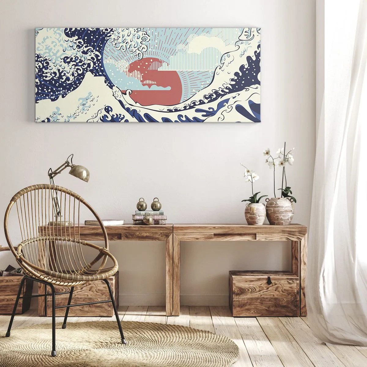 Bild auf Leinwand - Leinwandbild - Meereswellen und ein Sonnenuntergang im japanischen Stil - 140x50cm - Von japanischer Inspiration - Moderne Wanddekoration für Wohnzimmer und Schlafzimmer ARTTOR