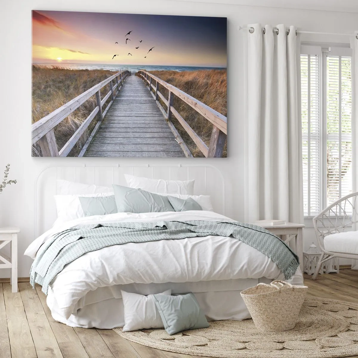 Bild auf Leinwand - Leinwandbild - Holzsteg zum Strand bei Sonnenuntergang - 120x80cm - Der Raum für Auffliegen - Moderne Wanddekoration für Wohnzimmer und Schlafzimmer ARTTOR