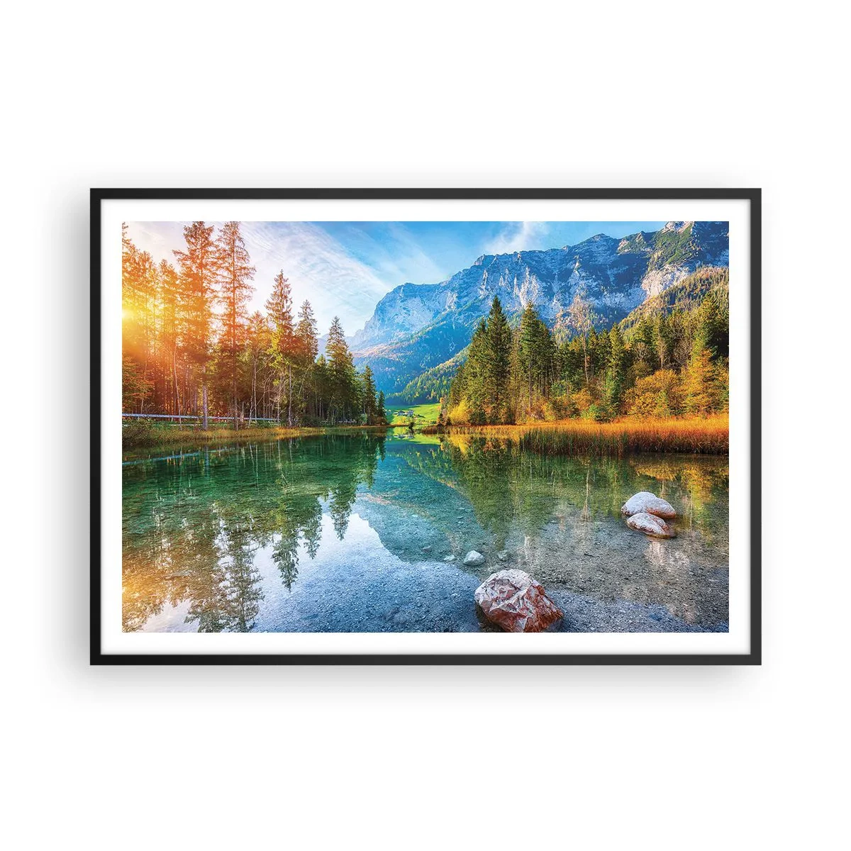 Poster in einem schwarzem Rahmen - Ein malerischer See, umgeben von Bergen und Wäldern - 100x70cm - Die Sanftheit des Herbstes - Moderne Wanddekoration für Wohnzimmer und Schlafzimmer ARTTOR