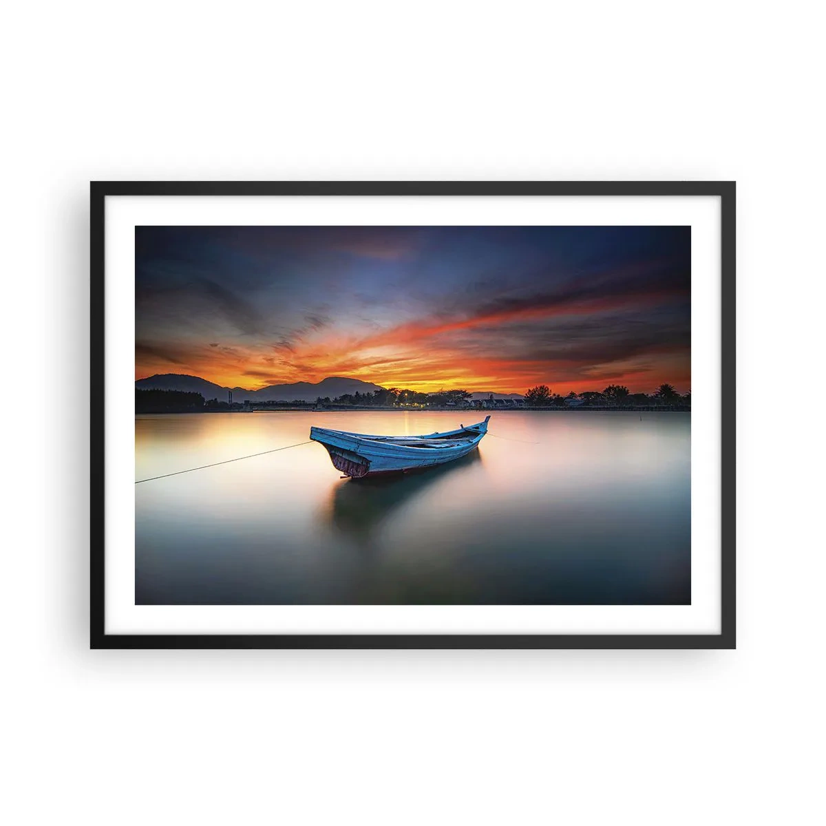 Poster in einem schwarzem Rahmen - Ein Boot auf dem Wasser während eines malerischen Sonnenuntergangs - 70x50cm - Eine gute Nacht kommt - Moderne Wanddekoration für Wohnzimmer und Schlafzimmer ARTTOR