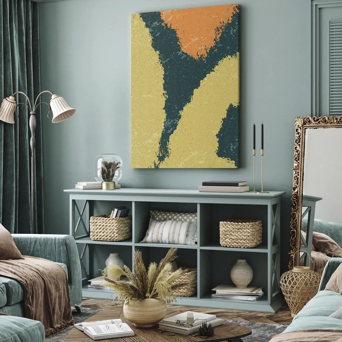 Bild auf Leinwand - Leinwandbild - Abstrakte Flecken in erdigen und grünen Farben - 50x70cm - Abstraktion – langsame Bewegung - Moderne Wanddekoration für Wohnzimmer und Schlafzimmer ARTTOR