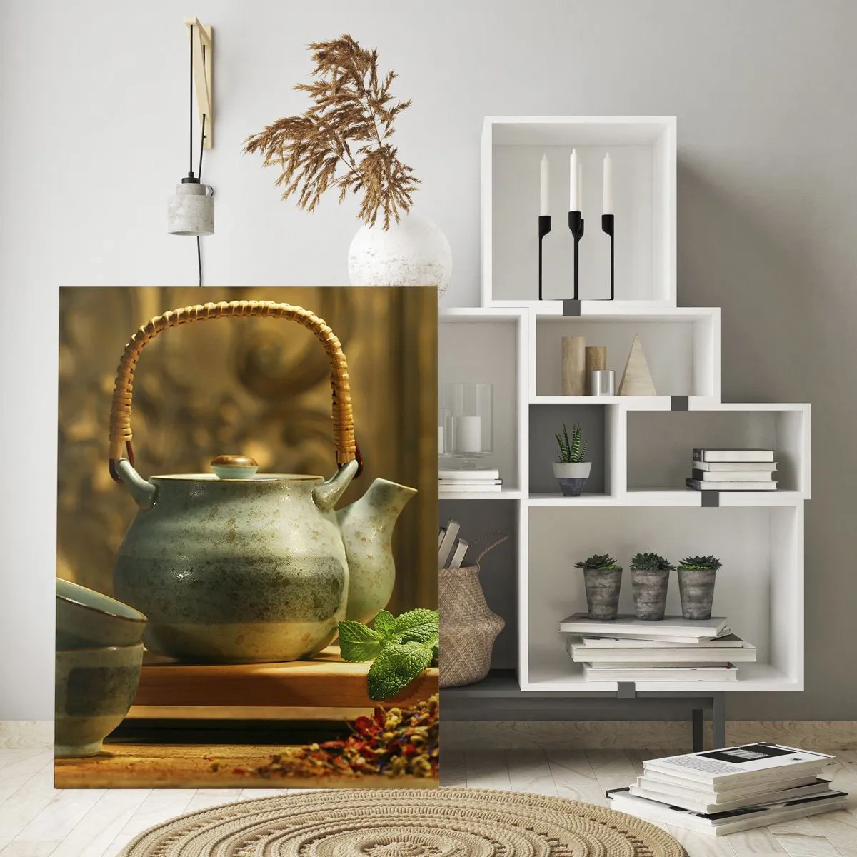 Glasbild - Bild auf glas - Keramik-Teeservice mit Kräutern im klassischen Dekor - 50x70cm - Abhandlung über das Teetrinken - Moderne Wanddekoration für Wohnzimmer und Schlafzimmer ARTTOR