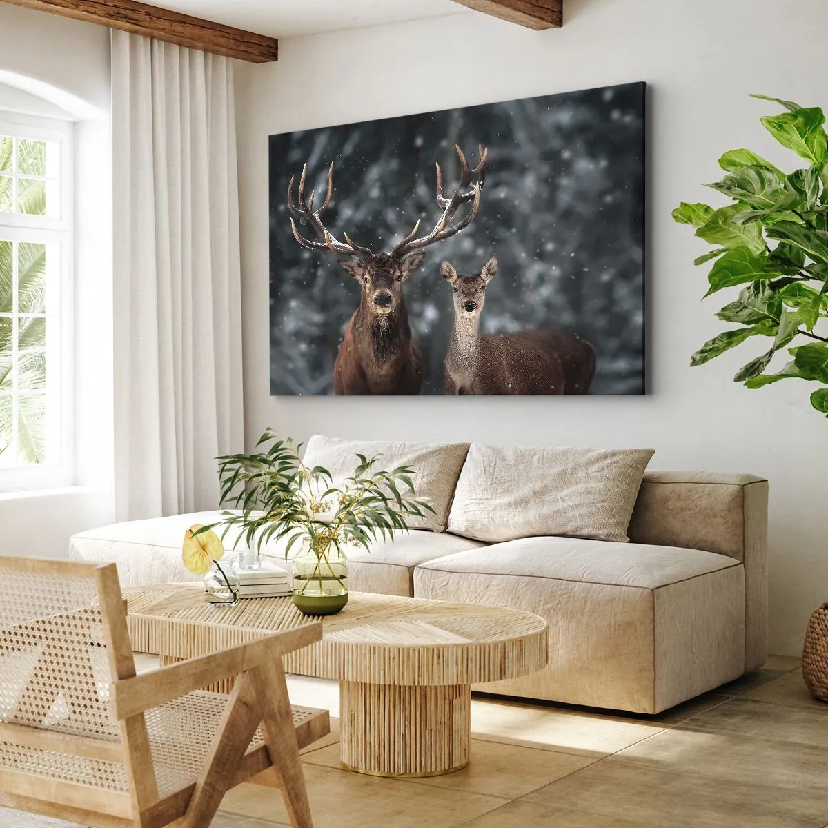 Bild auf Leinwand - Leinwandbild - Hirsche im verschneiten Winterwald - 70x50cm - Herr des Waldes mit seiner Frau - Moderne Wanddekoration für Wohnzimmer und Schlafzimmer ARTTOR