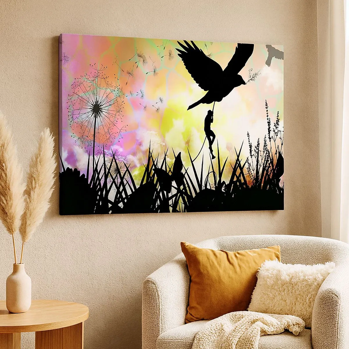 Bild auf Leinwand - Leinwandbild - Natursilhouette mit einem Vogel und einem Löwenzahn - 70x50cm - In märchenhafter Atmosphäre - Moderne Wanddekoration für Wohnzimmer und Schlafzimmer ARTTOR