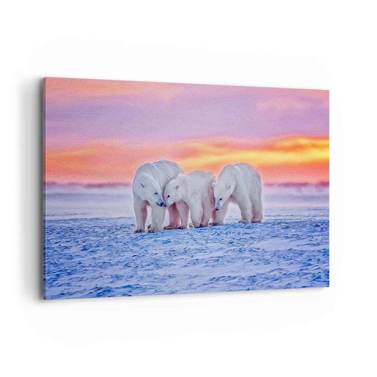 Bild auf Leinwand - Leinwandbild - Drei Eisbären vor dem Hintergrund eines arktischen Sonnenuntergangs - 120x80cm - Familienwärme ist genug - Moderne Wanddekoration für Wohnzimmer und Schlafzimmer ARTTOR