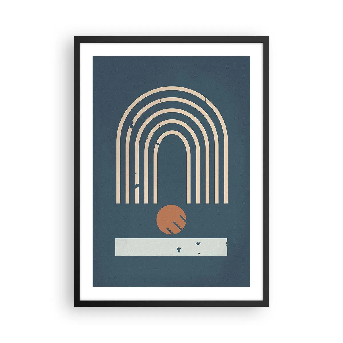 Poster in einem schwarzem Rahmen - Geometrische Bögen und eine Kugel auf dunklem Hintergrund - 50x70cm - Geometrie auf dem Granatapfel - Moderne Wanddekoration für Wohnzimmer und Schlafzimmer ARTTOR