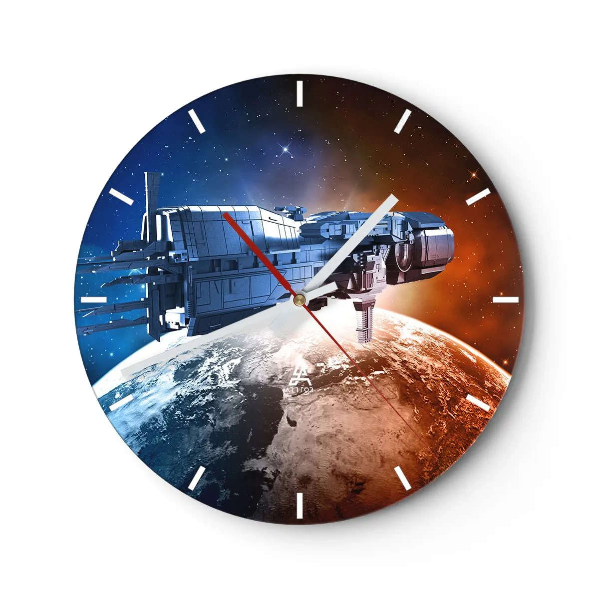 Wanduhr - Glasuhr - Ein Zifferblatt mit dem Motiv eines über der Erde schwebenden Raumschiffs - 30x30cm - Ein aufmerksamer Beobachter - Moderne Wanddekoration für Wohnzimmer, Küche und Schlafzimmer ARTTOR