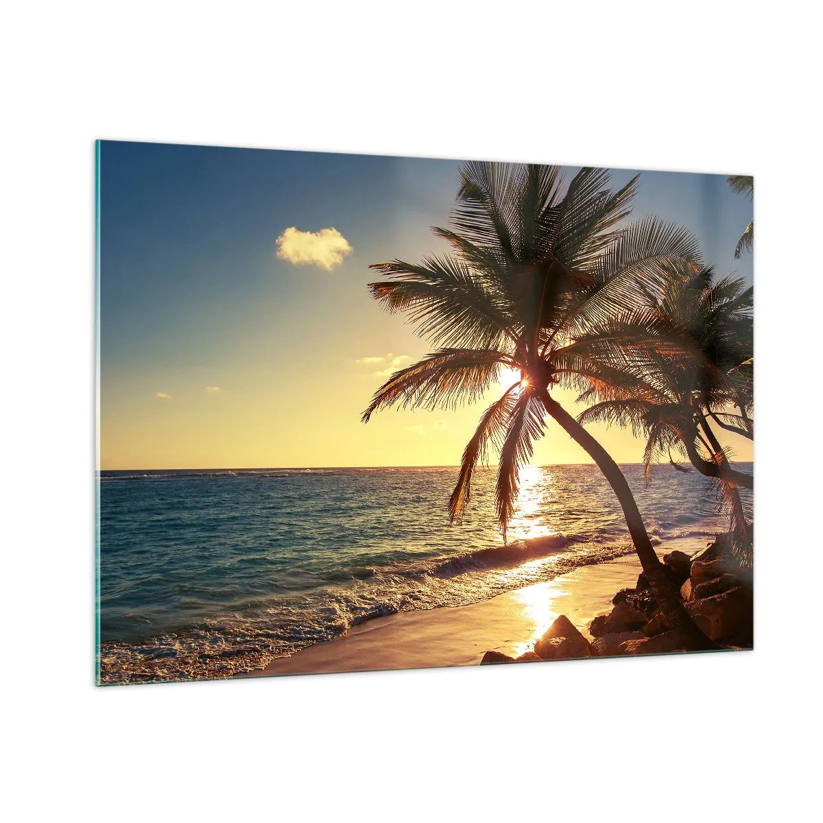 Glasbild - Bild auf glas - Tropischer Strand mit Palmen im Licht der untergehenden Sonne - 100x70cm - Sommer unter Palmen - Moderne Wanddekoration für Wohnzimmer und Schlafzimmer ARTTOR