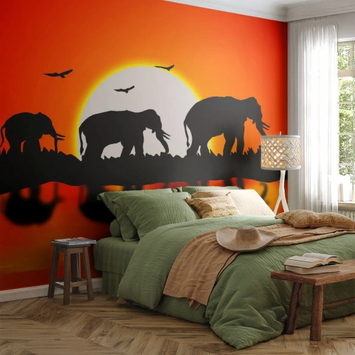 Fototapete Premium Canvas - Und abends einen kleinen Drink trinken - Tiere, Afrika, Elefant - 500x350 cm