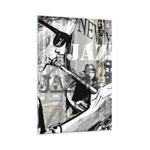 Glasbild - Bild auf glas - Eine stilvolle Zeichnung eines Jazzmusikers, der in einer New Yorker Umgebung Trompete spielt. - 50x70cm - Im Rhythmus von New York - Moderne Wanddekoration für Wohnzimmer und Schlafzimmer ARTTOR