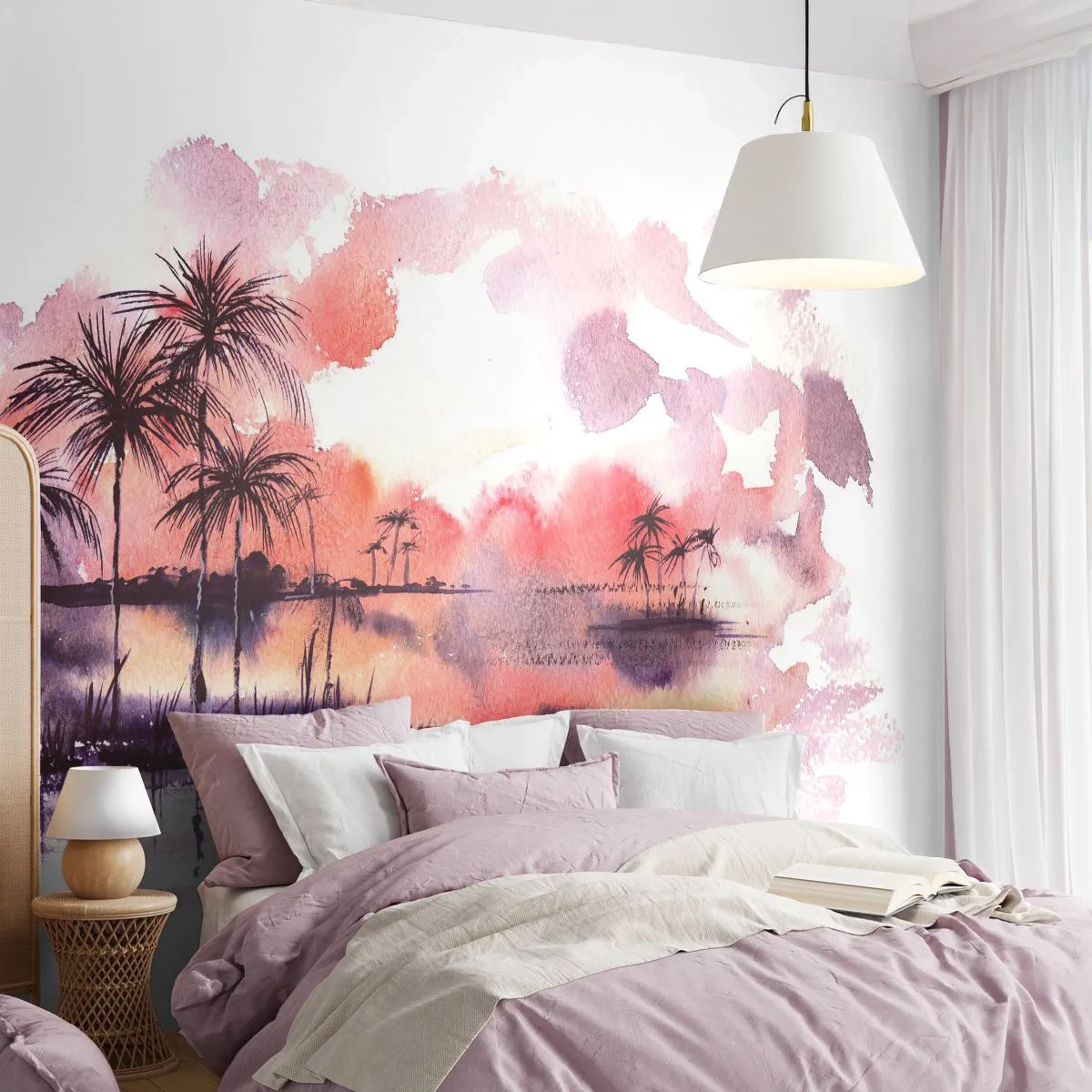 Fototapete Standard Eco - Die Ruhe der Tropen in Rot - Landschaft, Kokusnuss-Palme, Grafik - 200x140 cm