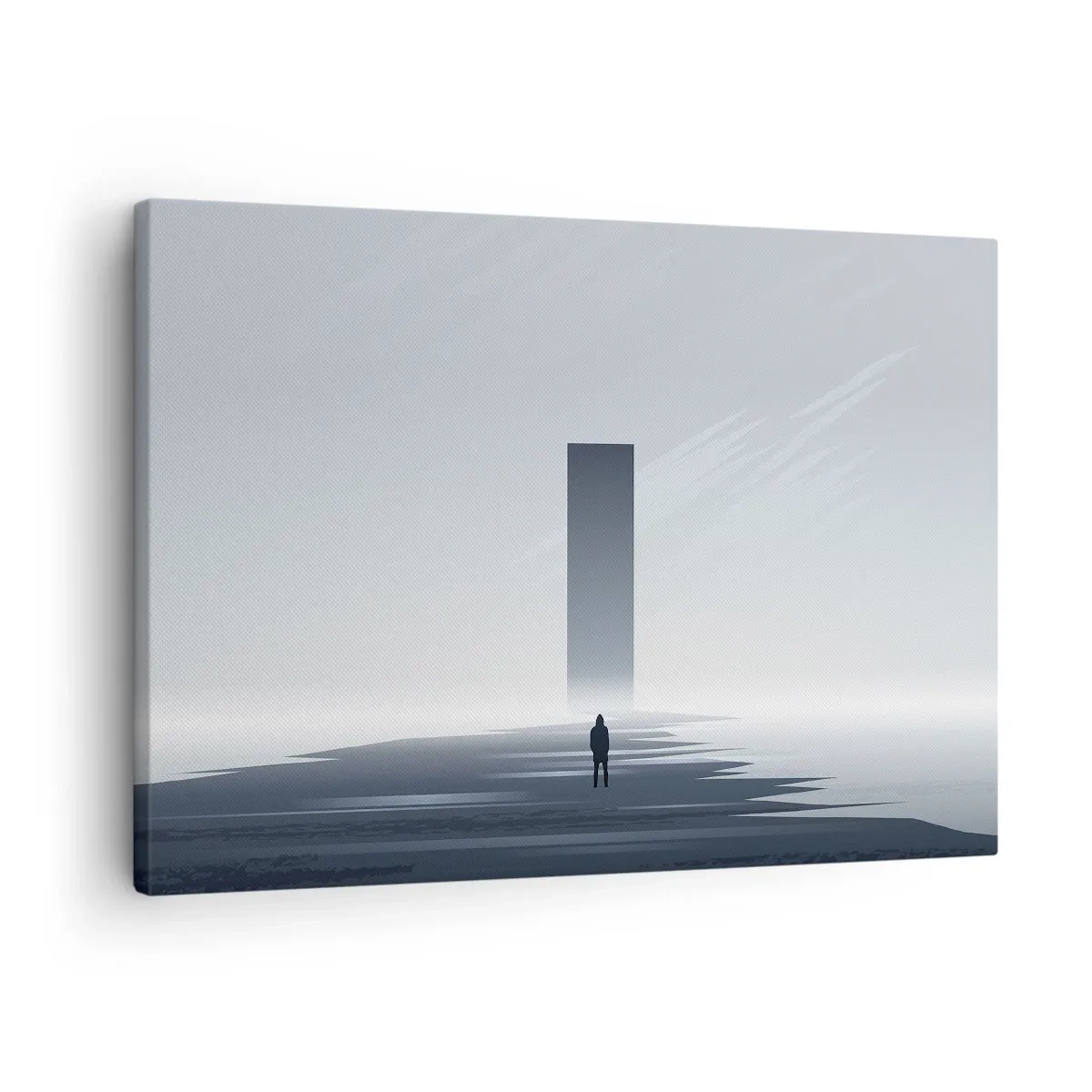 Bild auf Leinwand - Leinwandbild - Eine minimalistische Landschaft mit einer Silhouette neben einem rechteckigen Monolithen - 70x50cm - Chance oder Bedrohung? - Moderne Wanddekoration für Wohnzimmer und Schlafzimmer ARTTOR