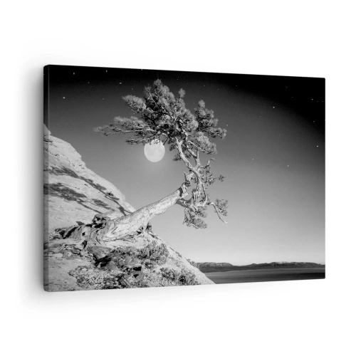 Bild auf Leinwand - Leinwandbild - Schwarz-weißer Baum auf einer Klippe mit dem Mond im Hintergrund - 70x50cm - Siegreiche Kämpferin - Moderne Wanddekoration für Wohnzimmer und Schlafzimmer ARTTOR