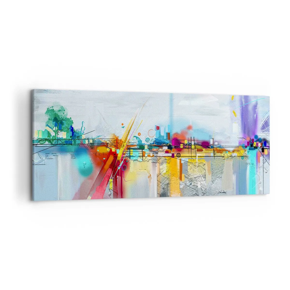 Bild auf Leinwand - Leinwandbild - Abstrakte Landschaft mit bunten Akzenten - 120x50cm - Freudenbrücke über den Fluss des Lebens - Moderne Wanddekoration für Wohnzimmer und Schlafzimmer ARTTOR