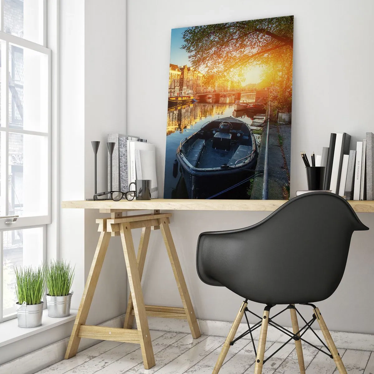 Glasbild - Bild auf glas - Amsterdamer Kanal bei Sonnenuntergang - 70x100cm - Morgen in Amsterdam - Moderne Wanddekoration für Wohnzimmer und Schlafzimmer ARTTOR