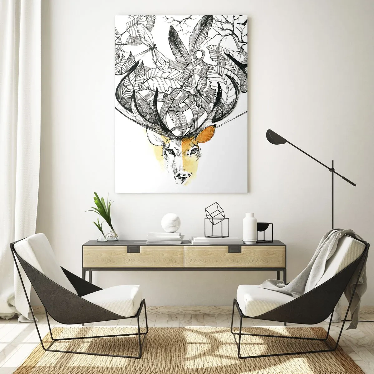 Glasbild - Bild auf glas - Zeichnung eines Hirsches mit ausgefallenem Geweih - 50x70cm - Ecken des Überflusses - Moderne Wanddekoration für Wohnzimmer und Schlafzimmer ARTTOR