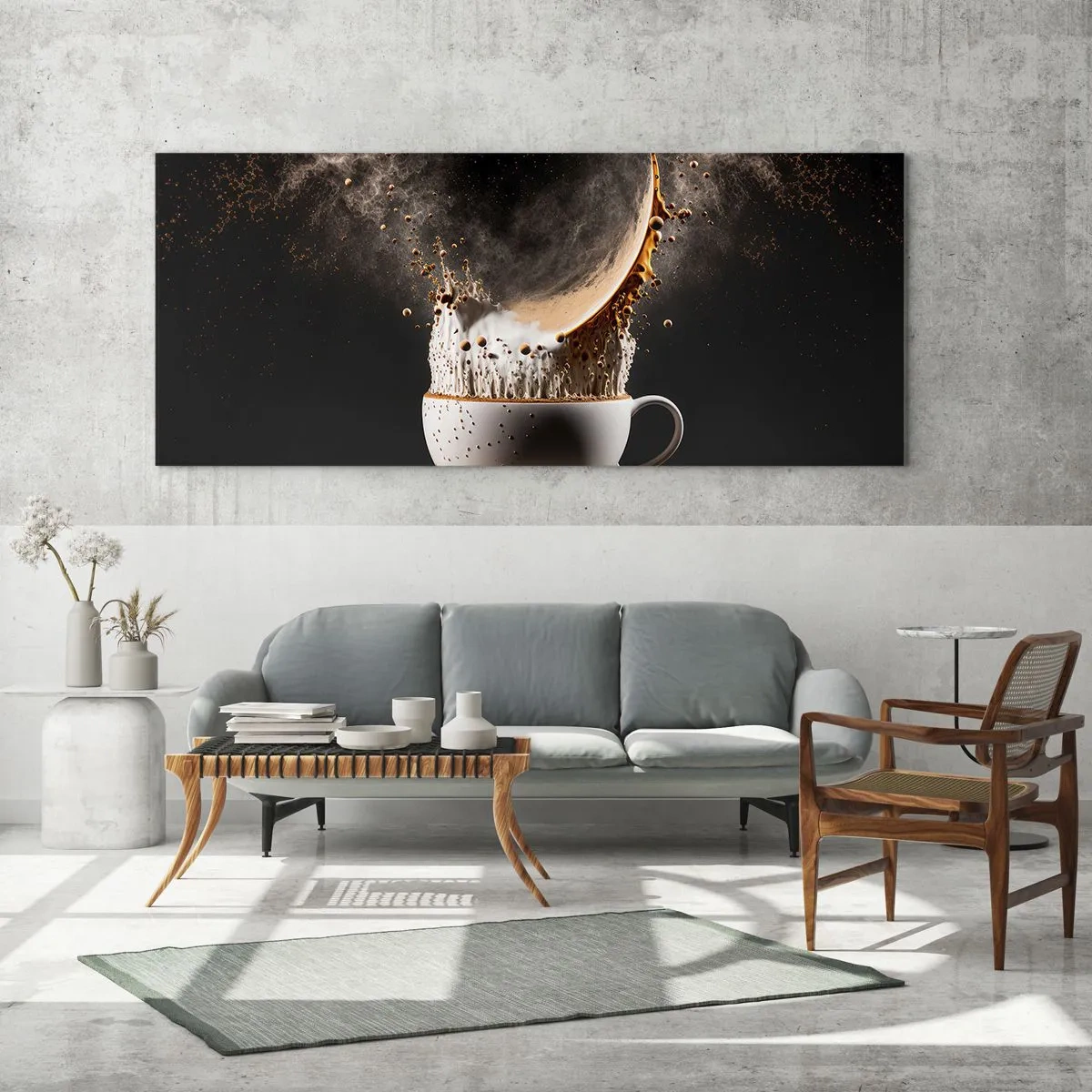 Glasbild - Bild auf glas - Eine Tasse Kaffee mit einer dynamischen Flüssigkeitsexplosion auf schwarzem Hintergrund. - 160x50cm - Geschmacksexplosion - Moderne Wanddekoration für Wohnzimmer und Schlafzimmer ARTTOR
