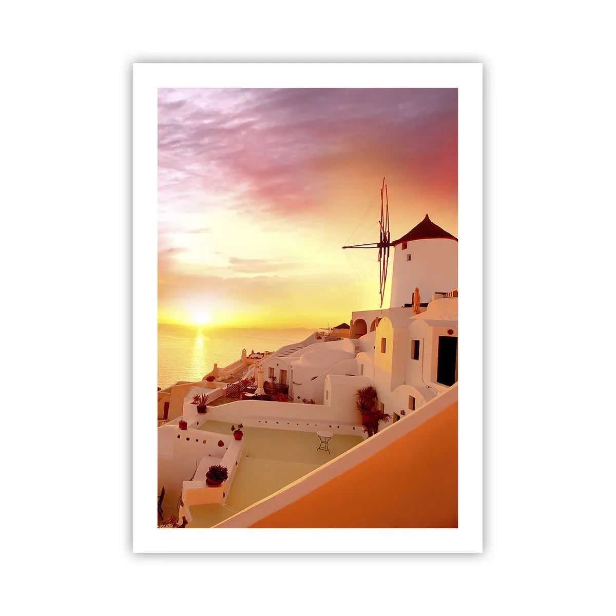 Poster - Ein malerischer Sonnenuntergang in einer griechischen Stadt - 50x70cm - In Weiß und Gold schmelzen - Moderne Wanddekoration für Wohnzimmer und Schlafzimmer ARTTOR