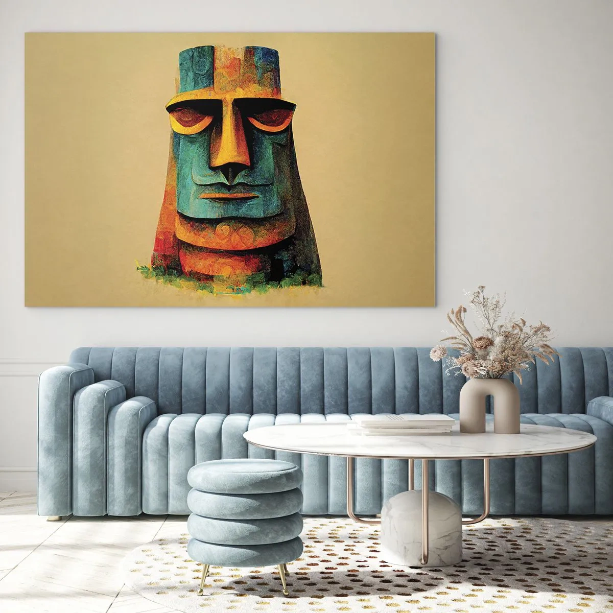 Glasbild - Bild auf glas - Ein farbenfrohes Porträt, inspiriert von einer Steinstatue auf beigem Hintergrund. - 100x70cm - Statuenhaft und sympathisch - Moderne Wanddekoration für Wohnzimmer und Schlafzimmer ARTTOR