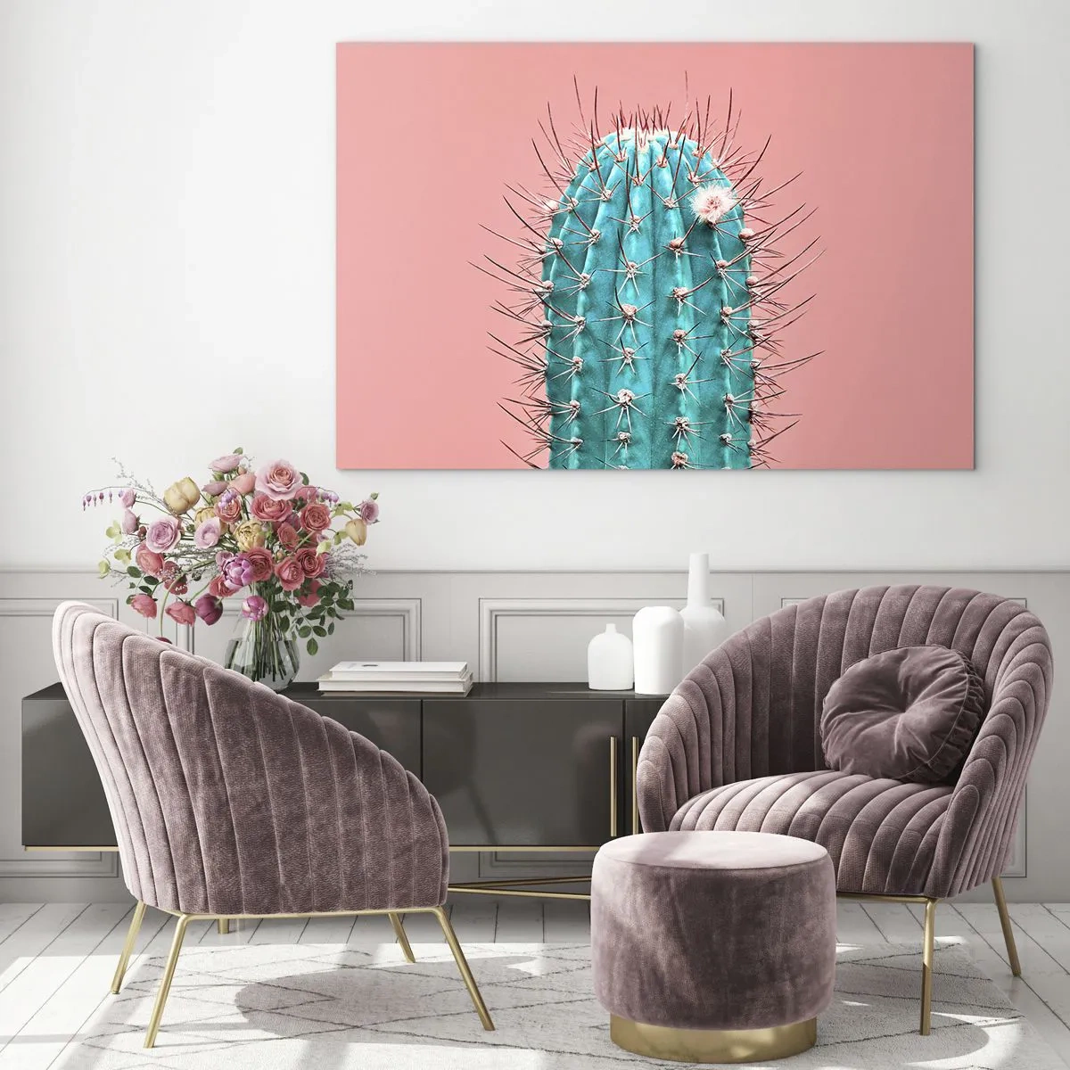 Glasbild - Bild auf glas - Grüner Kaktus mit Dornen auf rosa Hintergrund - 70x50cm - Schau einfach hin - Moderne Wanddekoration für Wohnzimmer und Schlafzimmer ARTTOR