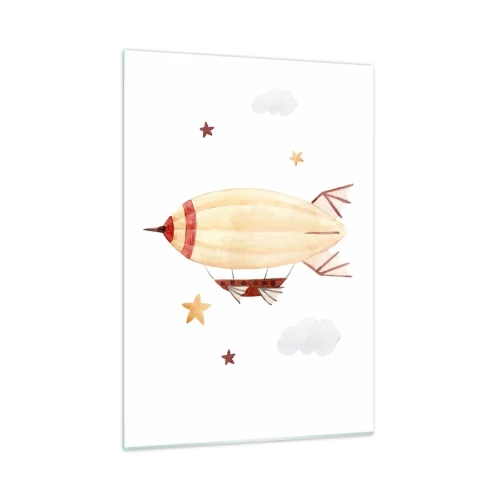 Glasbild - Bild auf glas - Ein Cartoon-Luftschiff zwischen den Sternen auf weißem Hintergrund - 50x70cm - Luftschiff - Moderne Wanddekoration für Wohnzimmer und Schlafzimmer ARTTOR