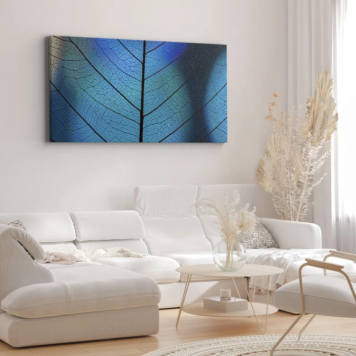 Bild auf Leinwand - Leinwandbild - Nahaufnahme eines blauen Blattes mit sichtbaren Blattadern - 160x50cm - Komplizierte Konstruktion - Moderne Wanddekoration für Wohnzimmer und Schlafzimmer ARTTOR