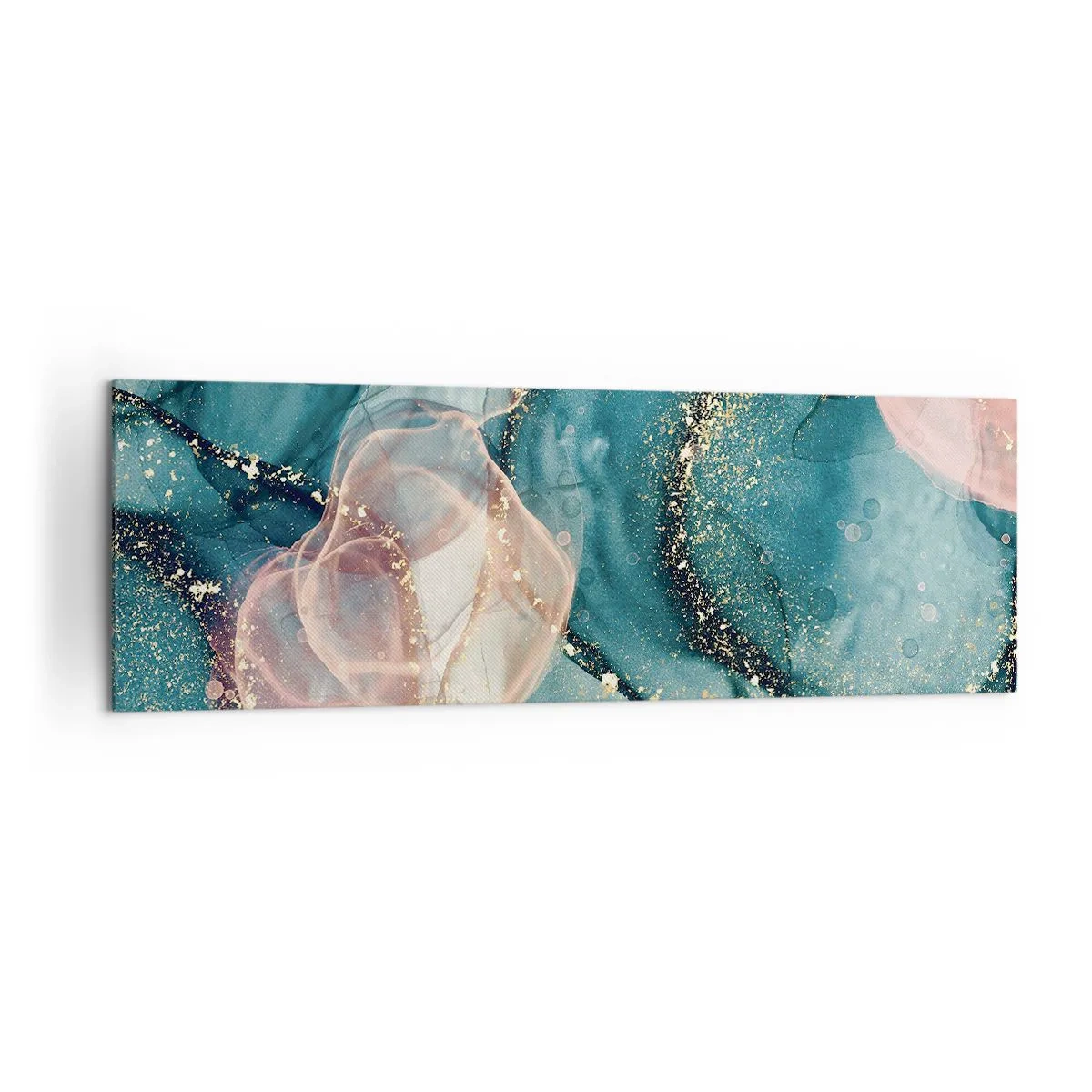 Bild auf Leinwand - Leinwandbild - Eine abstrakte Komposition in Türkis- und Goldtönen. - 160x50cm - Seidenblau, Tüllrosa - Moderne Wanddekoration für Wohnzimmer und Schlafzimmer ARTTOR