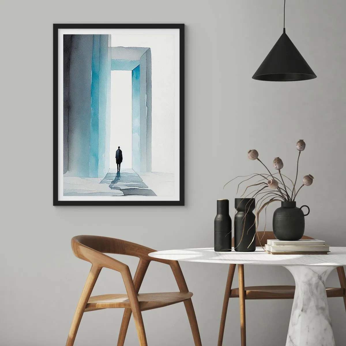 Poster in einem schwarzem Rahmen - Eine Figur, die durch ein blaues Tor geht, das Freiheit und grenzenlose Möglichkeiten symbolisiert - 50x70cm - Lebe ohne Grenzen - Moderne Wanddekoration für Wohnzimmer und Schlafzimmer ARTTOR