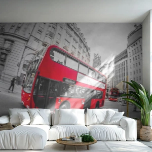 Selbstklebende Fototapete Deluxe Sticker - London traditionell - mit dem Bus - Stadt, London, roter Bus - 100x70 cm