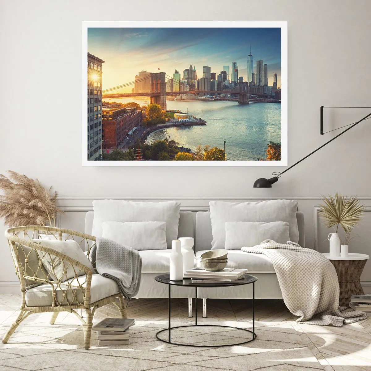 Poster - Panorama der Stadt mit der Brücke bei Sonnenuntergang - 100x70cm - Morgendämmerung der Großstadt - Moderne Wanddekoration für Wohnzimmer und Schlafzimmer ARTTOR