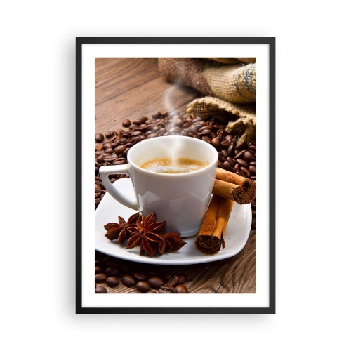 Poster in einem schwarzem Rahmen - Eine Tasse Kaffee mit Gewürzen auf einem Hintergrund aus Kaffeebohnen - 50x70cm - Würziger Geschmack und Aroma - Moderne Wanddekoration für Wohnzimmer und Schlafzimmer ARTTOR
