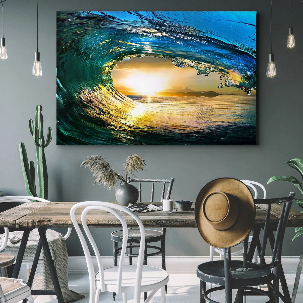 Bild auf Leinwand - Leinwandbild - Meereswelle in der Sonne mit Blick auf den Horizont - 100x70cm - In einem smaragd-goldenen Kristall - Moderne Wanddekoration für Wohnzimmer und Schlafzimmer ARTTOR
