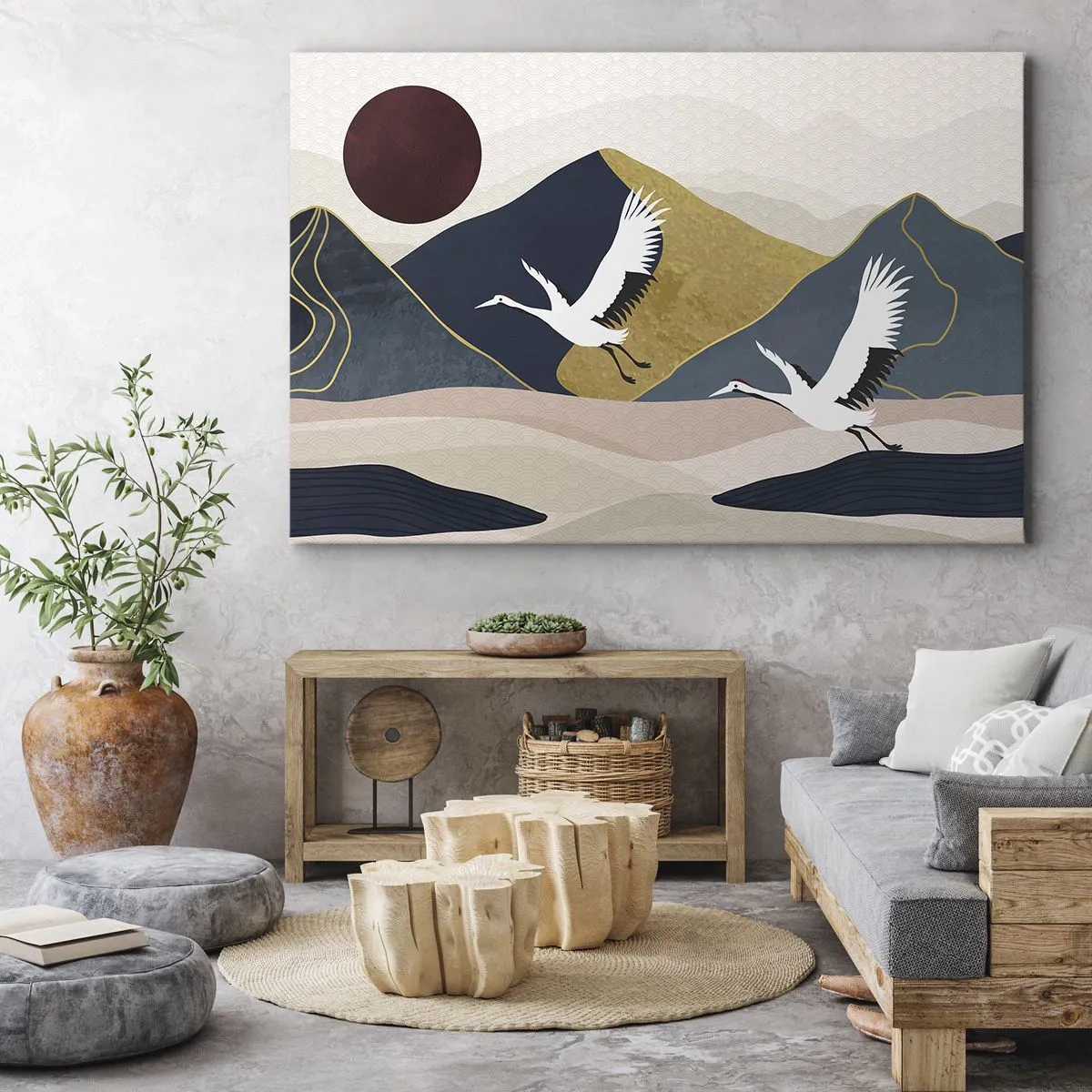 Bild auf Leinwand - Leinwandbild - Kraniche im Flug vor der Kulisse der Berge und einer roten Sonne - 120x80cm - Es ist wieder ein Tag VERFLOGEN - Moderne Wanddekoration für Wohnzimmer und Schlafzimmer ARTTOR