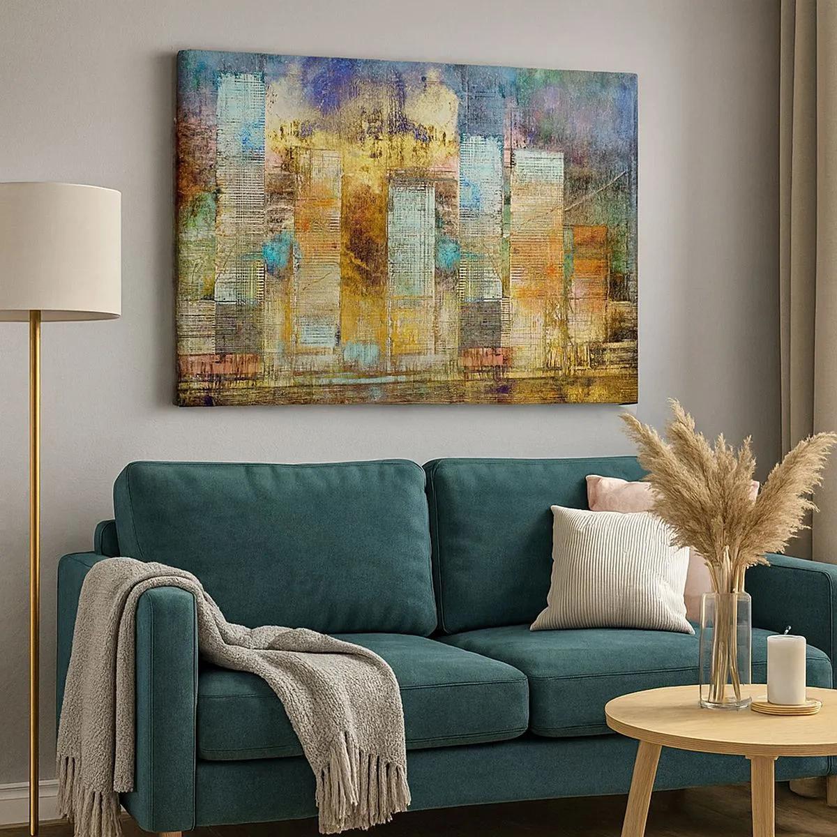 Bild auf Leinwand - Leinwandbild - Abstrakte Wolkenkratzer im Industriestil - 70x50cm - Sonnige Metropole - Moderne Wanddekoration für Wohnzimmer und Schlafzimmer ARTTOR