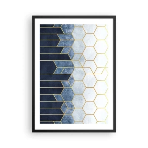 Poster in einem schwarzem Rahmen - Geometrische Komposition in Marineblau- und Goldtönen mit Sechsecken - 50x70cm - Komposition im synkopischen Rhythmus - Moderne Wanddekoration für Wohnzimmer und Schlafzimmer ARTTOR