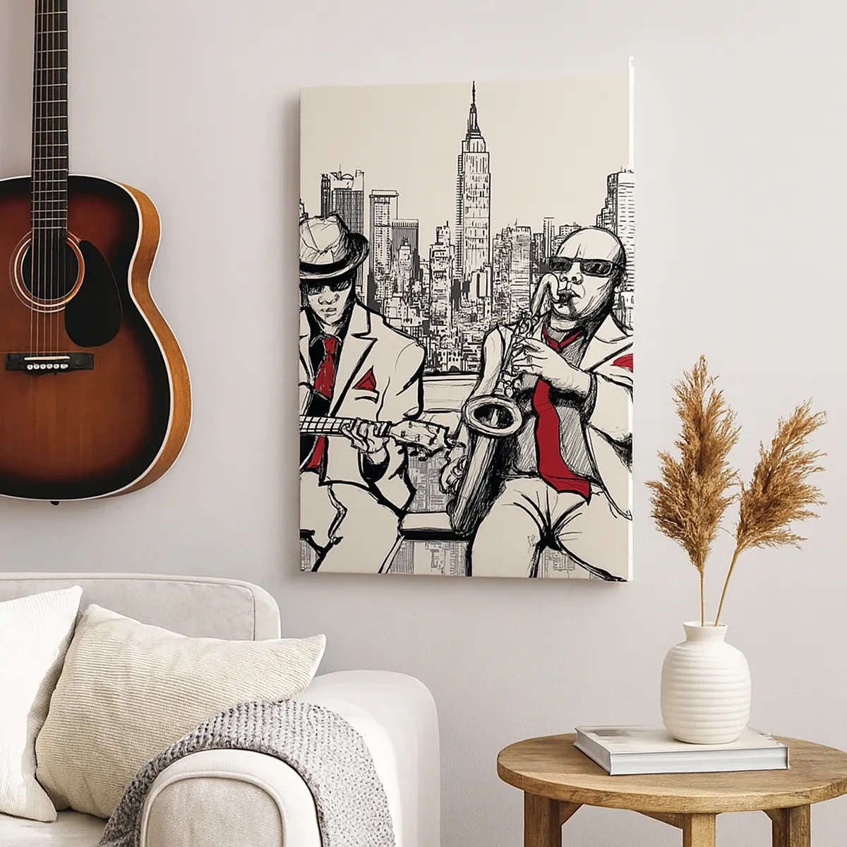 Bild auf Leinwand - Leinwandbild - Ein Jazzduo mit Saxophon und Gitarre vor der Kulisse der Stadt - 50x70cm - New Yorker Improvisation - Moderne Wanddekoration für Wohnzimmer und Schlafzimmer ARTTOR