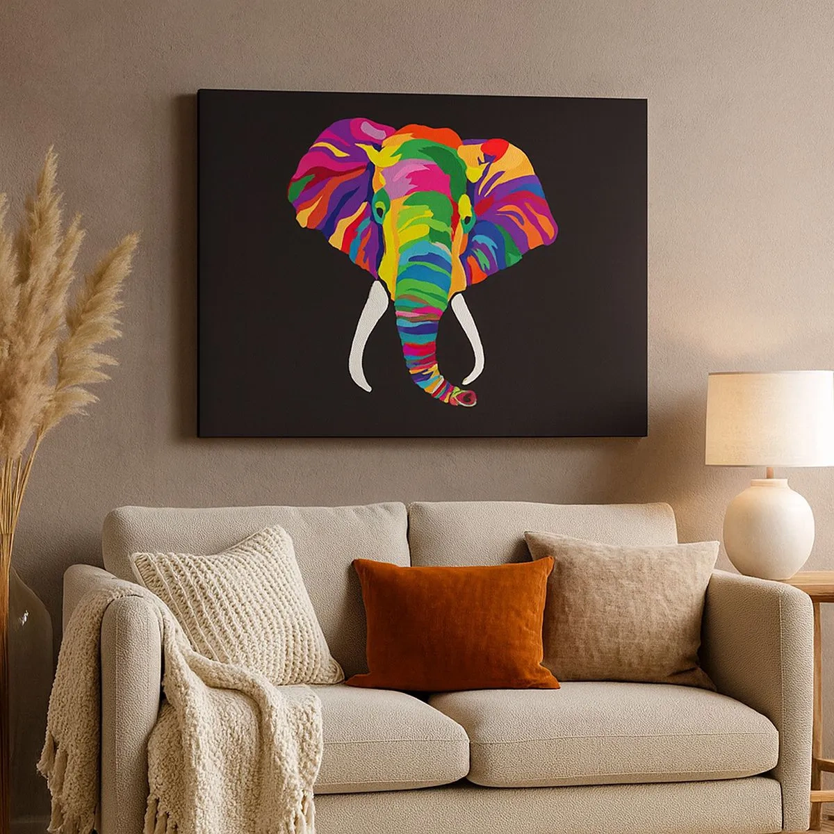 Bild auf Leinwand - Leinwandbild - Ein buntes Bild eines Elefanten auf schwarzem Hintergrund - 70x50cm - Der Elefant, der es liebte, im Regenbogen zu baden - Moderne Wanddekoration für Wohnzimmer und Schlafzimmer ARTTOR