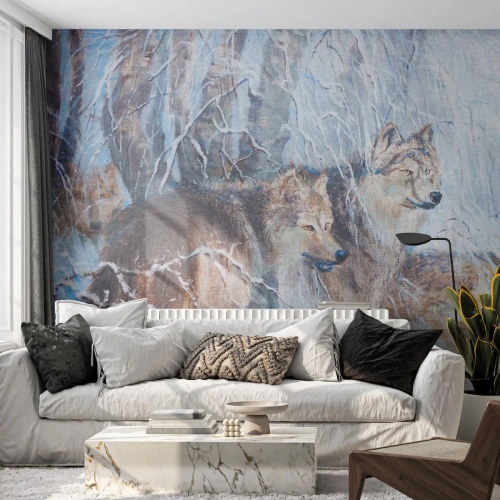 Fototapete Premium Sand - Beachtung! Hier kommt ... - Tiere, Wölfe, Wald - 250x175 cm