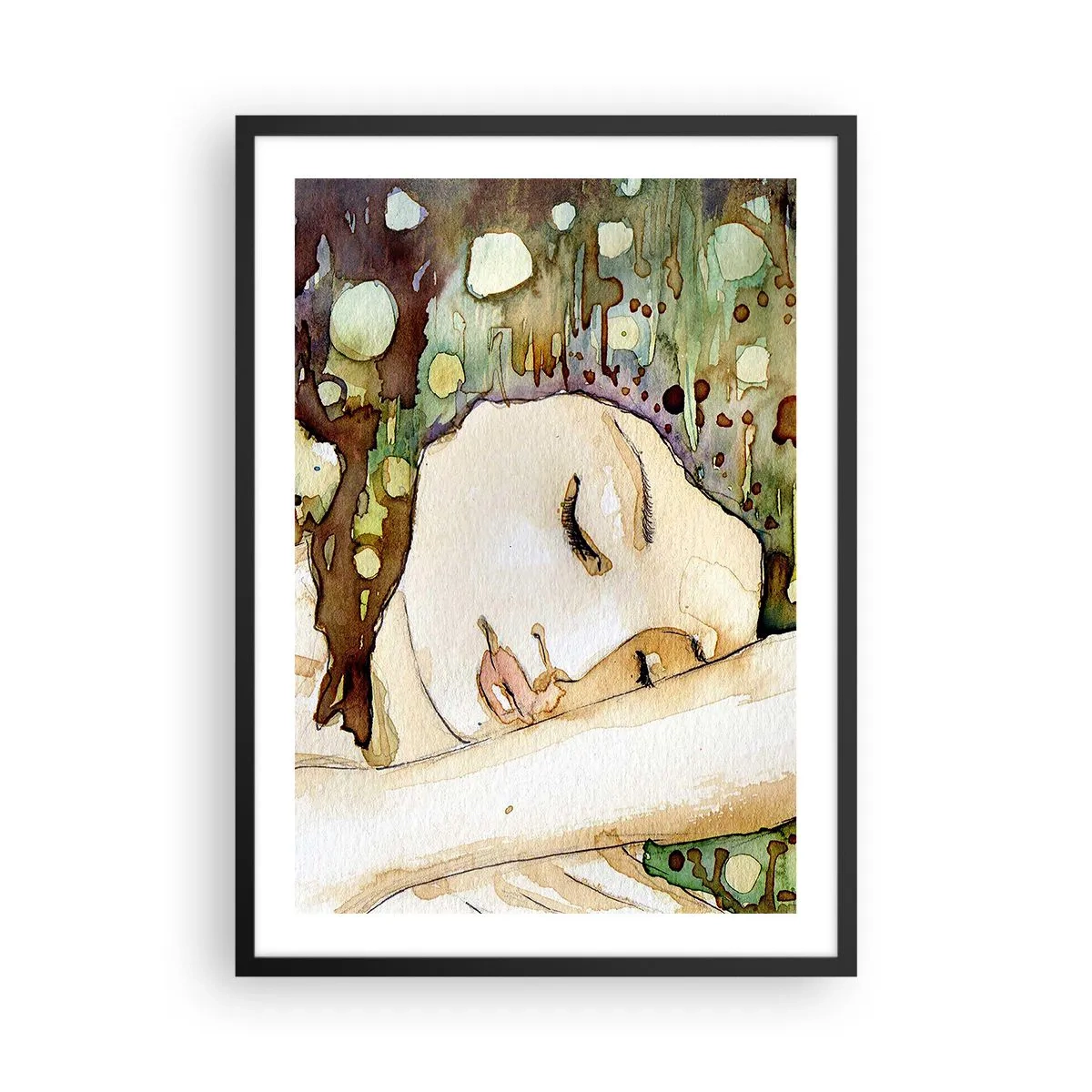 Poster in einem schwarzem Rahmen - Künstlerisches Aquarellporträt einer schlafenden Frau - 50x70cm - Ein smaragd-violetter Traum - Moderne Wanddekoration für Wohnzimmer und Schlafzimmer ARTTOR