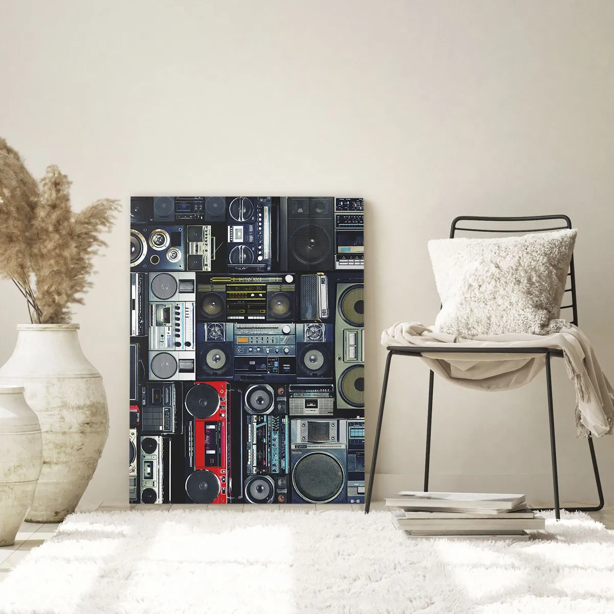 Glasbild - Bild auf glas - Eine Collage aus Retro-Tonbandgeräten und Vintage-Lautsprechern. - 80x120cm - Sehnsucht nach den 1980er Jahren - Moderne Wanddekoration für Wohnzimmer und Schlafzimmer ARTTOR