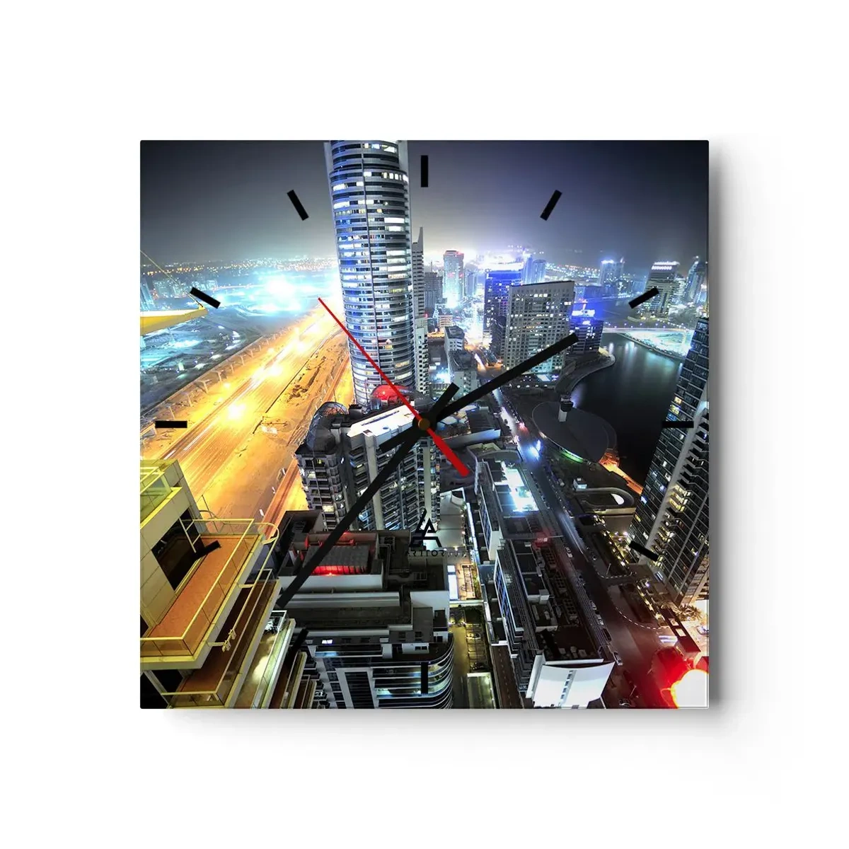 Wanduhr - Glasuhr - Panorama der nächtlichen Stadt mit beleuchteten Wolkenkratzern - 30x30cm - Ein Wunder in der Wüste - Moderne Wanddekoration für Wohnzimmer und Schlafzimmer ARTTOR