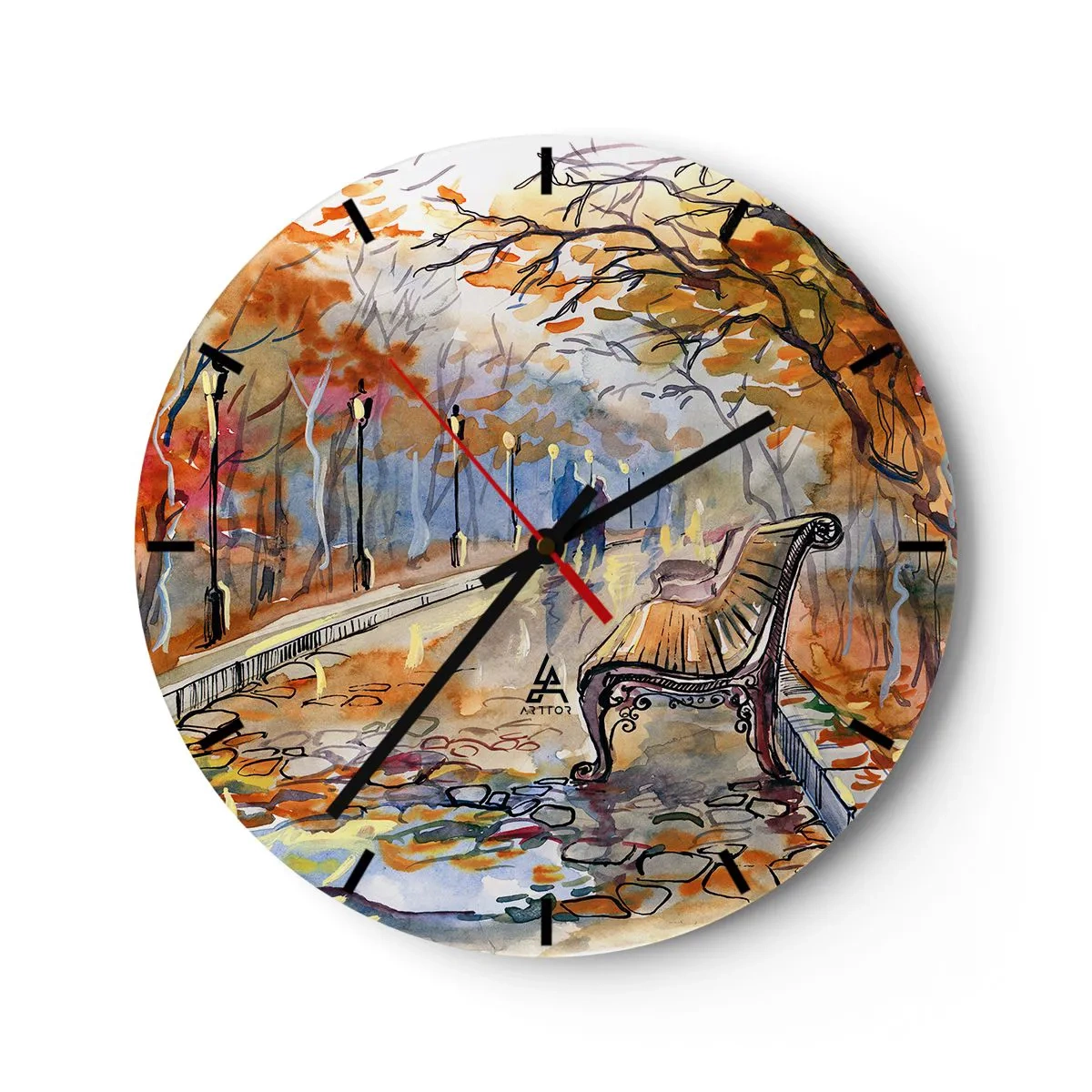Wanduhr - Glasuhr - Herbstpark mit einer Bank im Aquarellstil - 30x30cm - Gemeinsam im Herbst wandern - Moderne Wanddekoration für Wohnzimmer, Küche und Schlafzimmer ARTTOR