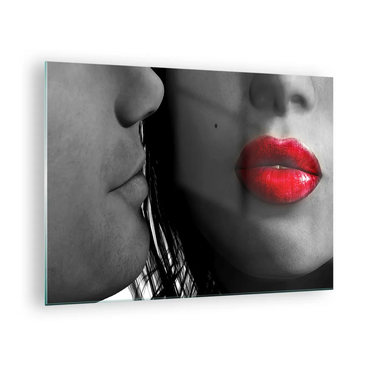 Glasbild - Bild auf glas - Sinnliche Lippen in einer kontrastreichen Aufnahme - 70x50cm - Gesicht am Gesicht - Moderne Wanddekoration für Wohnzimmer und Schlafzimmer ARTTOR